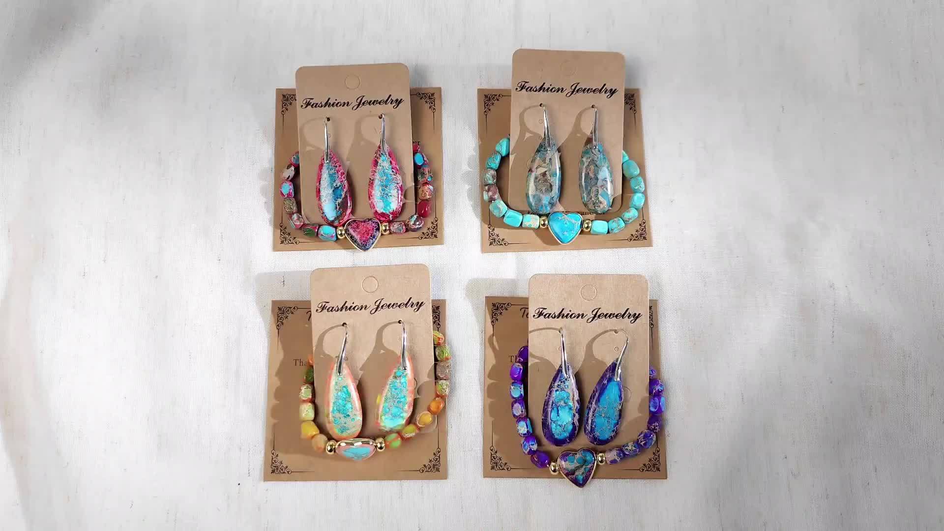 Boho Stone Beaded Jewelry Set Heart Teardrop Earrings Bracelet Gift for Mother